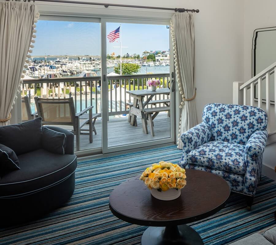 Baron's Suite at Baron's Cove with glass door to porch overlooking the harbor